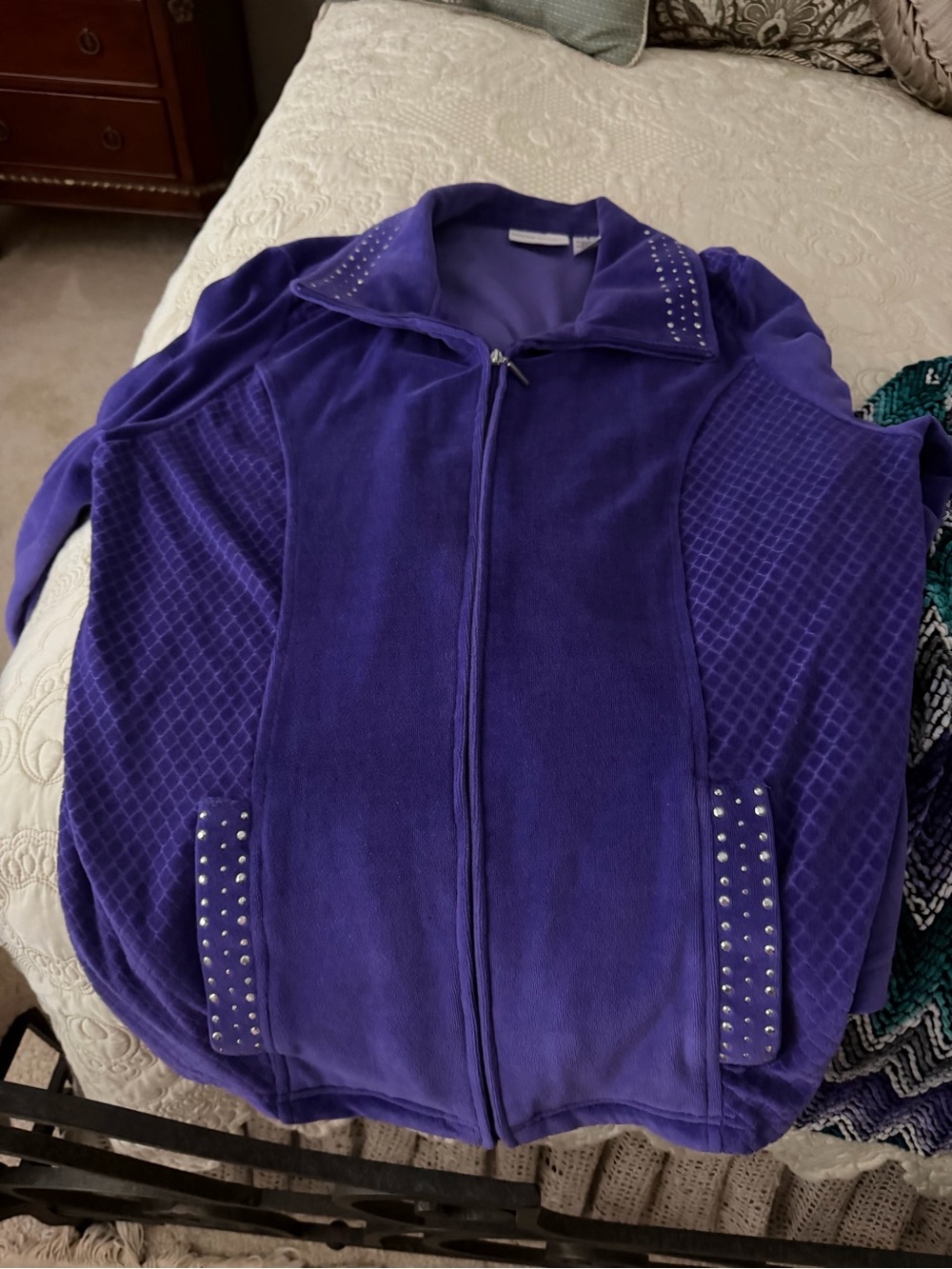 Purple Women's Zip-Front Velour Jacket Set with Stud Detail, matching slacks
